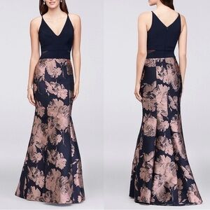 Xscape Navy and Rose Gold Floral Formal Dress